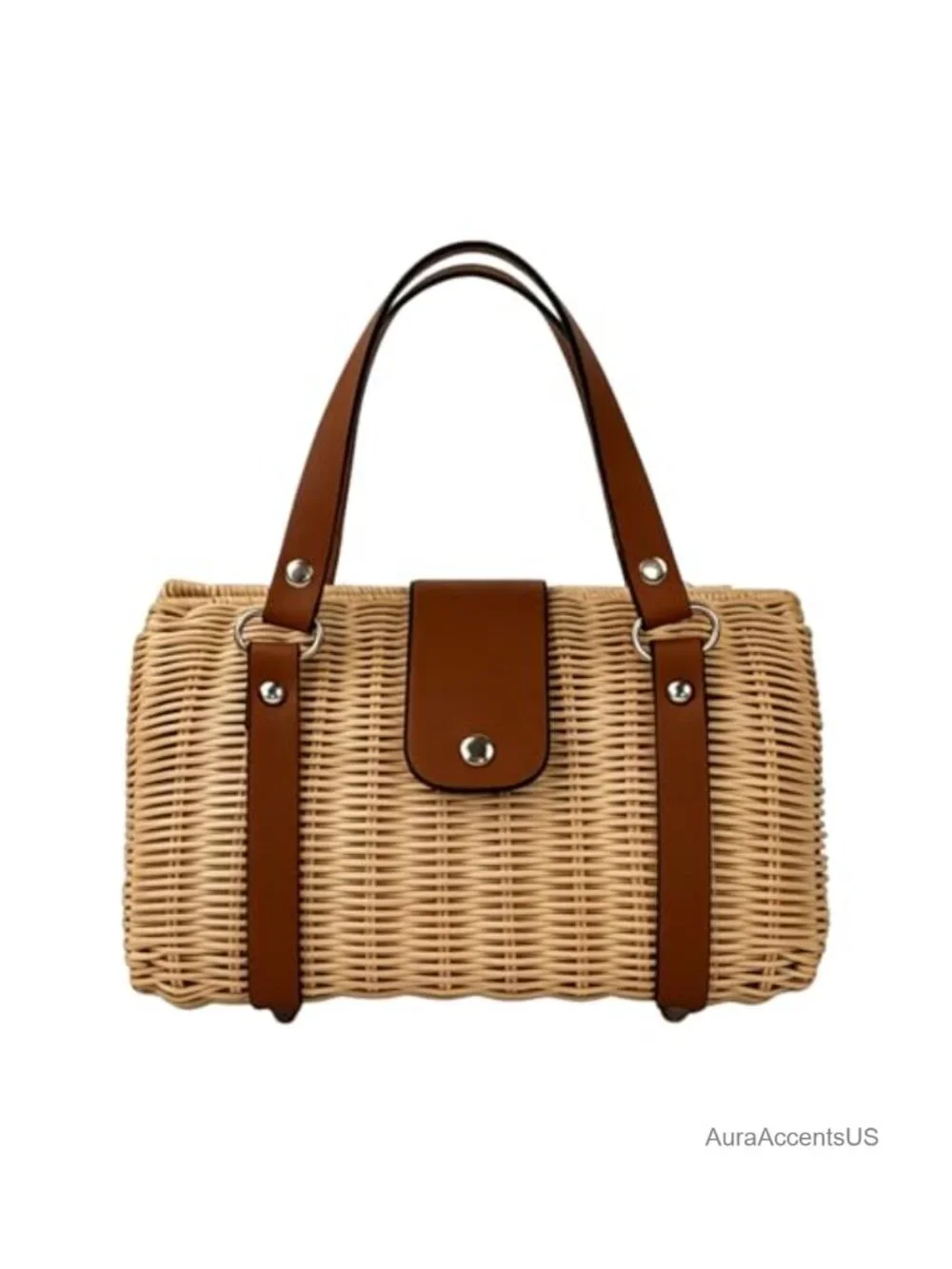 Woven Straw Satchel Handbag - Structured Rattan Tote for Beach Travel